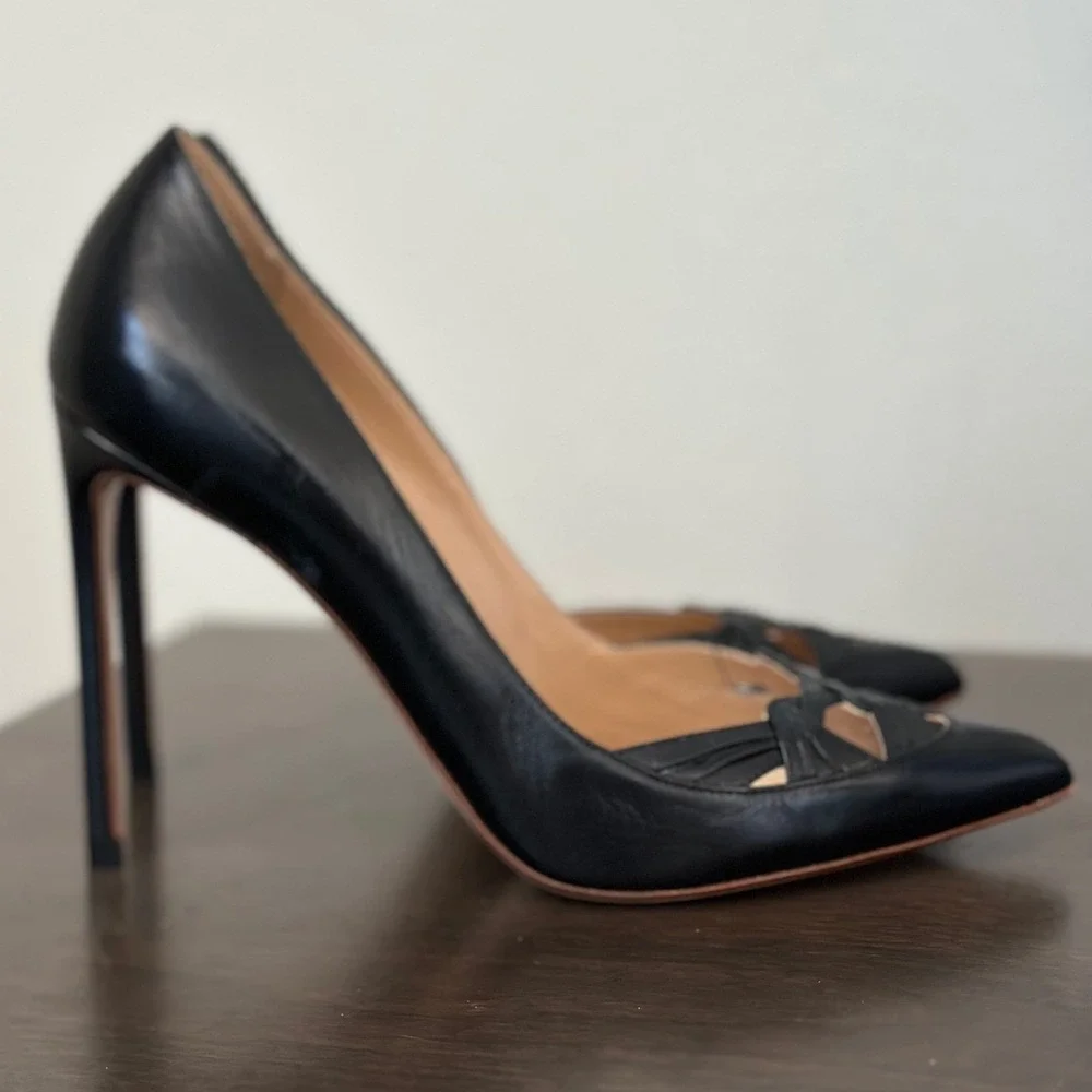 Francesco Russo Black Leather Pointed Toe CutOut Stiletto‎ Heel Pump Paris 38
